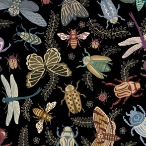 All the pretty doodle bugs - jewel tone beetles, butterflies, bees, moths and dragonflies on black - jumbo