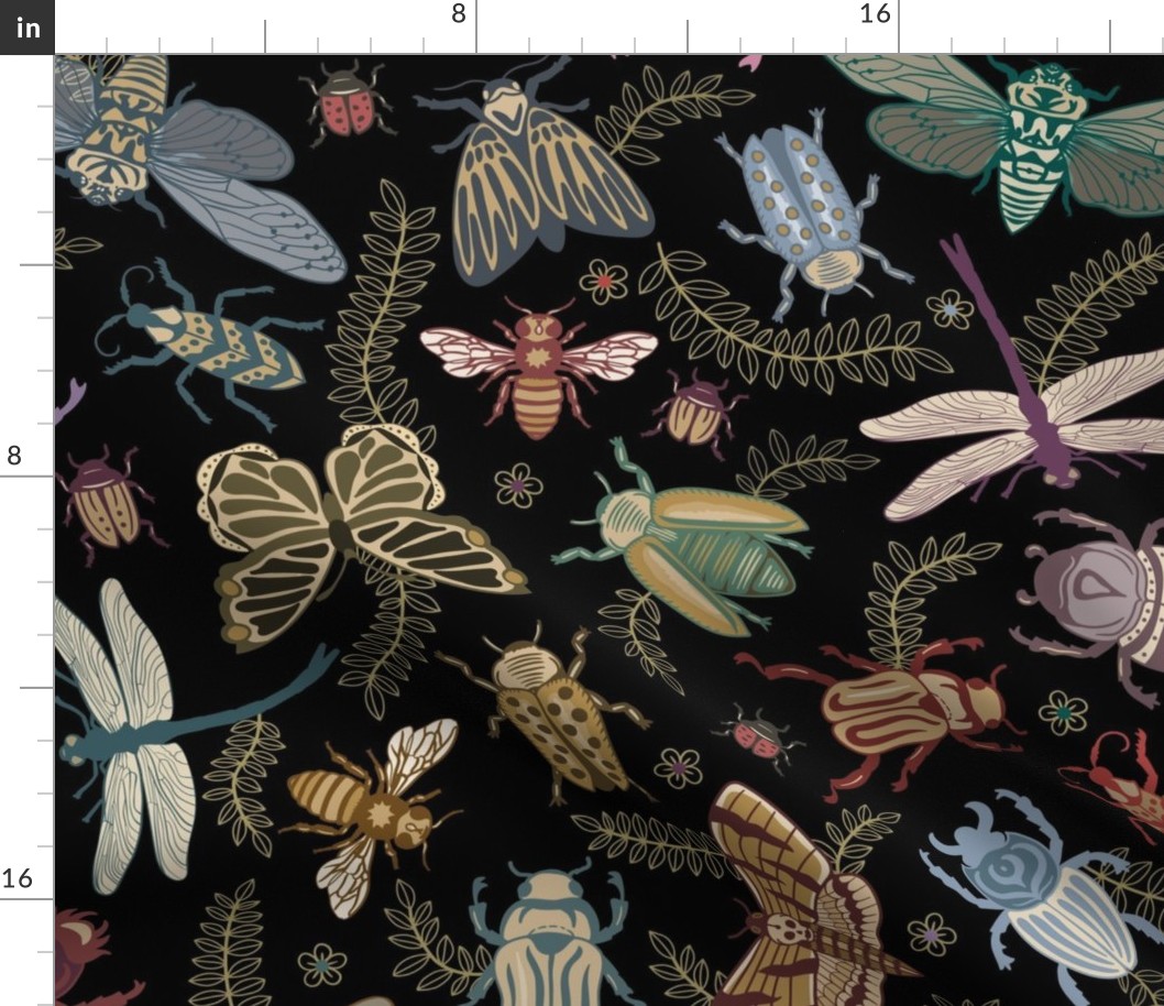 All the pretty doodle bugs - jewel tone beetles, butterflies, bees, moths and dragonflies on black - jumbo