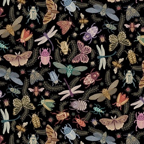 All the pretty doodle bugs - jewel tone beetles, butterflies, bees, moths and dragonflies on black - large