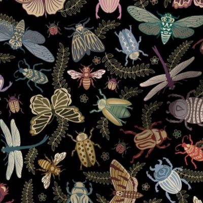 All the pretty doodle bugs - jewel tone beetles, butterflies, bees, moths and dragonflies on black - mid-large