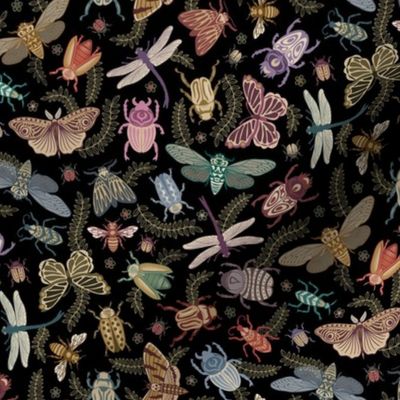 All the pretty doodle bugs - jewel tone beetles, butterflies, bees, moths and dragonflies on black - medium