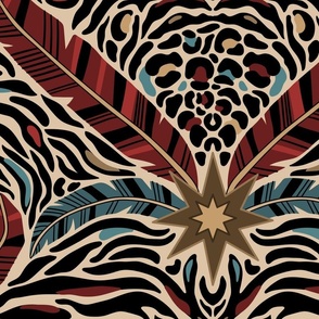 Tiger stripes and feathers - abstract maximalist animal print - red, blue, gold - jumbo