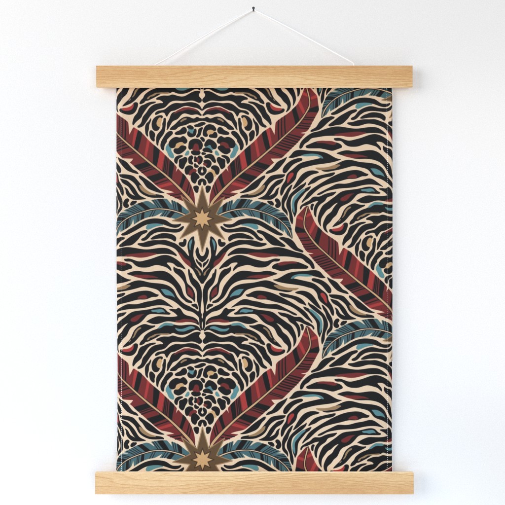 Tiger stripes and feathers - abstract maximalist animal print - red, blue, gold - large