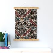 Tiger stripes and feathers - abstract maximalist animal print - red, blue, gold - large