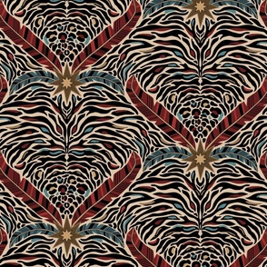 Tiger stripes and feathers - abstract maximalist animal print - red, blue, gold - mid-large