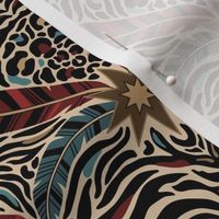 Tiger stripes and feathers - abstract maximalist animal print - red, blue, gold - medium