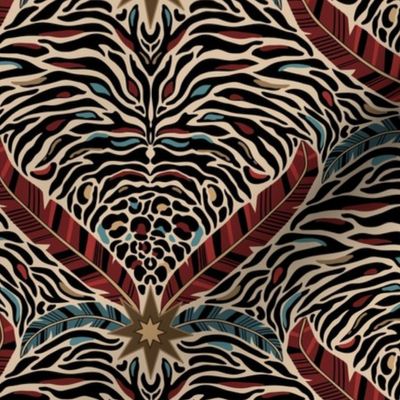 Tiger stripes and feathers - abstract maximalist animal print - red, blue, gold - medium