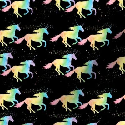 (small scale) watercolor unicorns - pastel rainbow on black - C23