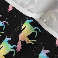 (small scale) watercolor unicorns - pastel rainbow on black - C23