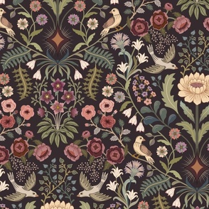 Lively Garden - traditional floral with folk art birds - warm greens, pinks, red, burgundy - large