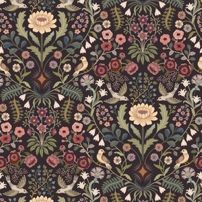 Lively Garden - traditional floral with folk art birds - warm greens, pinks, red, burgundy - mid-large