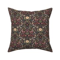 Lively Garden - traditional floral with folk art birds - warm greens, pinks, red, burgundy - small 