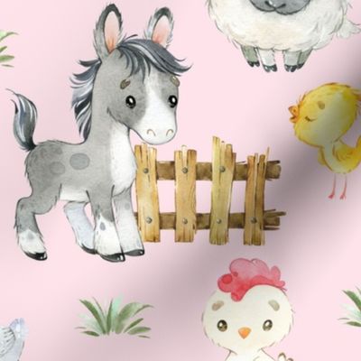 Watercolor Farm Animals on Pink Baby Girl Nursery Large Scale 21 inches