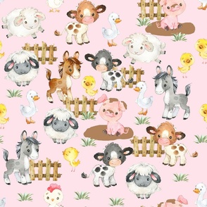 Watercolor Farm Animals on Pink Baby Girl Nursery Large Scale 21 inches