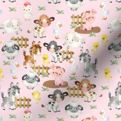 Watercolor Farm Animals on Pink Baby Girl Nursery 7  inches 