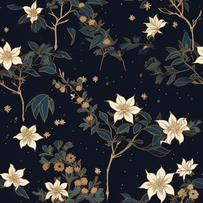 Midnight Blooms Chinoiserie  - Black and Gold Night Sky, White Flowers, Stars, Branches