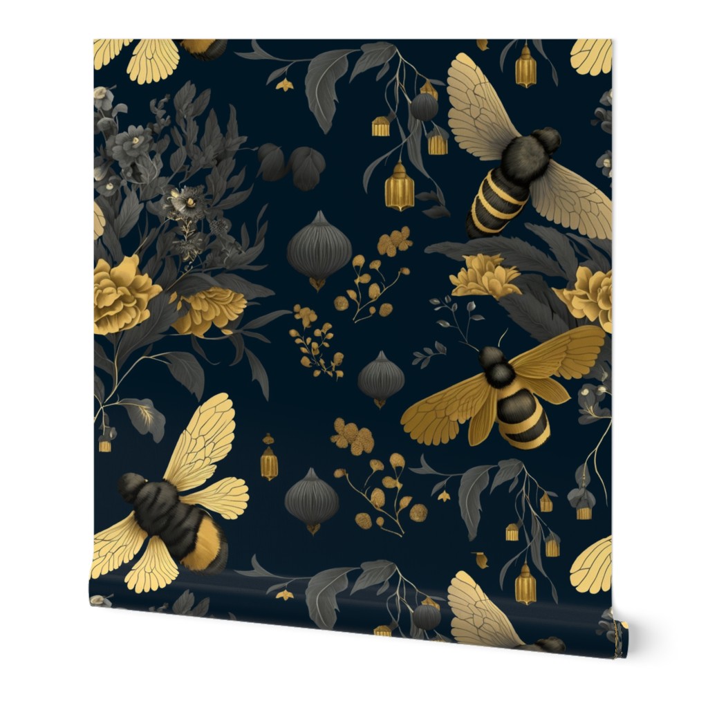Bee Chinoiserie with Dark Blue Background