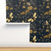 Bee Chinoiserie with Dark Blue Background