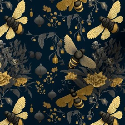 Bee Chinoiserie with Dark Blue Background