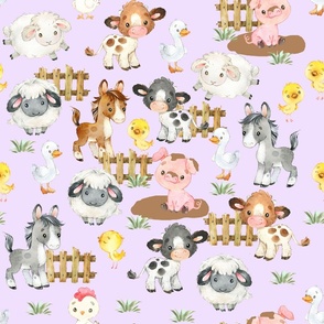 Watercolor Farm Animals on Purple Baby Girl Nursery 21 inches Large Scale