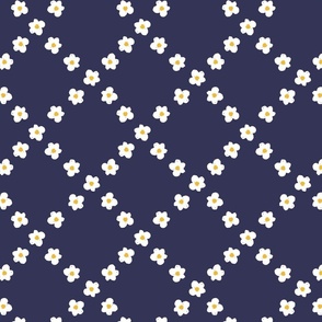 Cute Daisies in a simple trellis / medium / navy blue, white and yellow