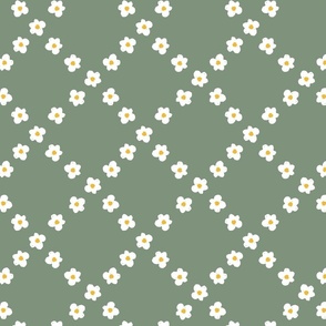 Sage Daisies in a simple trellis / medium / sage green, white and yellow