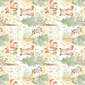 Turned left- 8" Woodland Animals - Baby Animals in Forest light background Nursery Fabric, Baby Girl Fabric