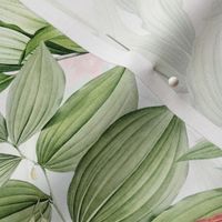 14" vintage tropical flowers and leaves garden,  antiqued green leaf and nostalgic beautiful springflowers and exotic blossoms white double layer 