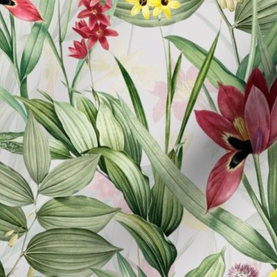 14" vintage tropical flowers and leaves garden,  antiqued green leaf and nostalgic beautiful springflowers and exotic blossoms yellow double layer 
