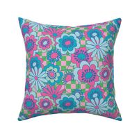 Avant Garden - Garden Party - Pattern Clash - Floral Checkerboard - Bright Pink + Blue