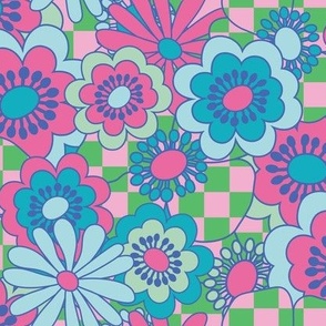 Avant Garden - Garden Party - Pattern Clash - Floral Checkerboard - Bright Pink + Blue