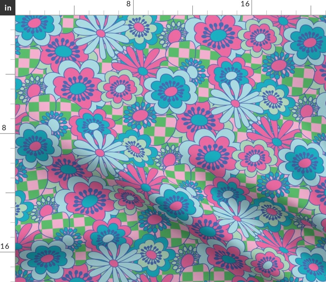 Avant Garden - Garden Party - Pattern Clash - Floral Checkerboard - Bright Pink + Blue