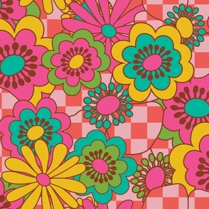 Avant Garden - Garden Party - Pattern Clash - Floral Checkers - Pink + Blue + Orange