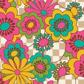 Avant Garden - Garden Party - Pattern Clash - Flower Checkerboard - Tan + Pink + Green + Blue + Yellow