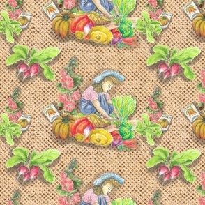 Girl in Garden 1940s Burlap Background