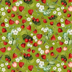  14" Antique Watercolor Strawberry Flower Meadow- Vintage Strawberries on apple green Fabric Double layer
