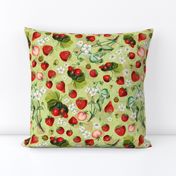 14" Antique Watercolor Strawberry Flower Meadow- Vintage Strawberries on light apple green Fabric Double layer