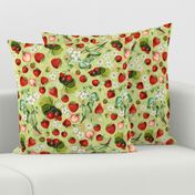 14" Antique Watercolor Strawberry Flower Meadow- Vintage Strawberries on light apple green Fabric Double layer
