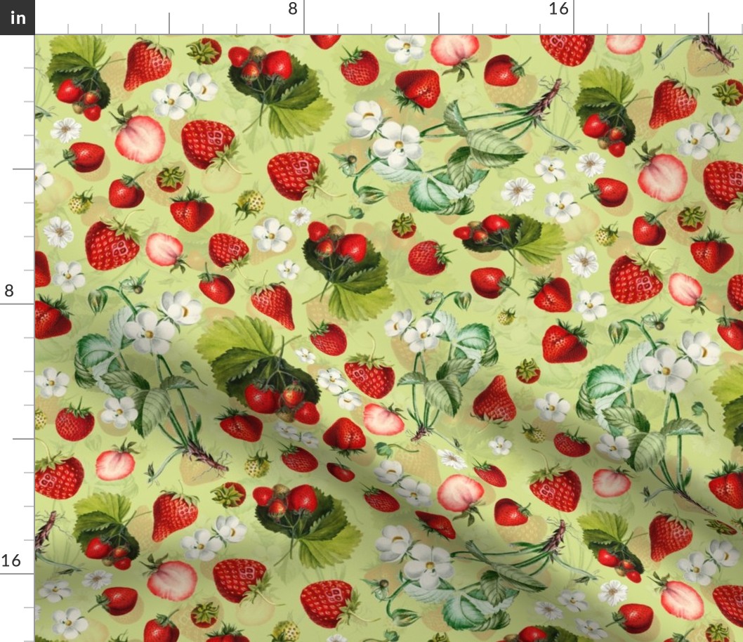 14" Antique Watercolor Strawberry Flower Meadow- Vintage Strawberries on light apple green Fabric Double layer