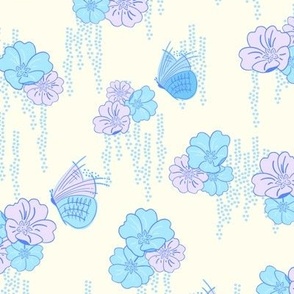 Pastel butterflies and floral in yellow and blue for fabric