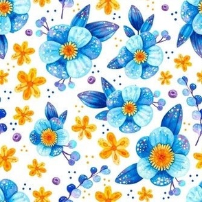 Medium Scale Blue and Gold Watercolor Flowers