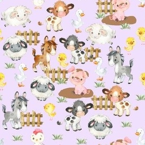 Watercolor Farm Animals on Purple Baby Girl Nursery 7 inches Small Scale