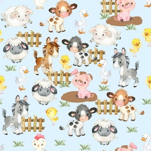 Watercolor Farm Animals on Blue Baby Boy Nursery 21 inches Large Scale 