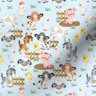 Watercolor Farm Animals on Blue Baby Boy Nursery 7 inches Small Scale