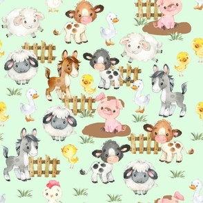 Watercolor Farm Animals on Green Baby Nursery 14 inches 