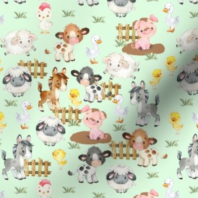 Watercolor Farm Animals on Green Baby Nursery 10 inches 