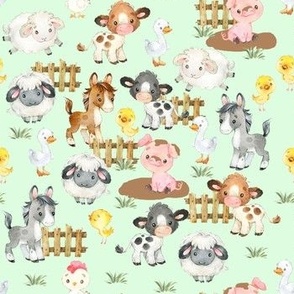 Watercolor Farm Animals on Green Baby Nursery 7 inch Small Scale
