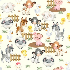 Watercolor Farm Animals on Ivory Baby Nursery 21 inches Large Scale 