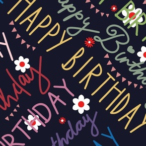 Happy Birthday hand lettering multicolor on dark navy blue - large scale