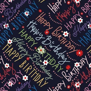 Happy Birthday hand lettering multicolor on dark navy blue - medium scale